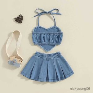 Set di abbigliamento da 1-6y bambine adorabili outfit in denim per bambini canori canori canori a metà senza maniche + set di gonne pieghe