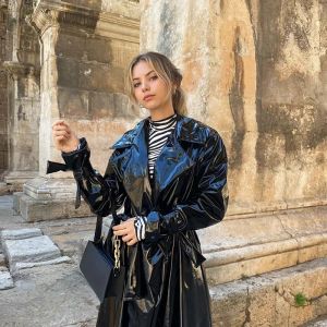 Mulheres Shiny Patent Leather Long Trench Coat Women Women Gothic Faux Latex Laple Jaqueta Larel