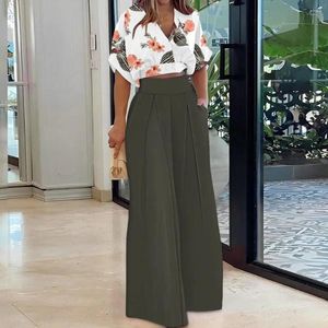 Women's Two Piece Pants Top Set V Neck Shirt Wide Leg With Color Matching Pockets Commute Trousers For Women Short Sleeve High