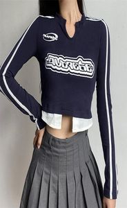 Damen T -Shirt Casual Long Sleeve Striped Crop Top Women Vintage Letter Print T -Shirt Y2K Bodycon Tee Korean Herbst Streetwe2925379