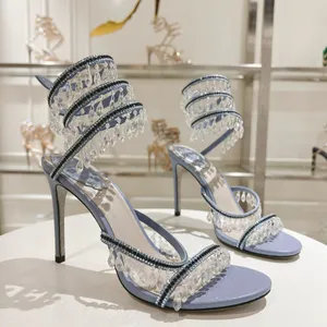 Rene Caovilla Chandelier Crystal-Embellished Sandals Leather Stileetto Heels Evening Shoes Women Heeled Luxury Designers Ankle Laparound Shoes Footwear