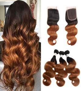 Ombre Brazilian Virgin Hair Body Wave Bundles With Lace Closure 1 B30 Ombre 3 Bundles with 44 Closure Human Hair Extensions9837523