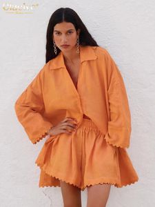 Kvinnors träningsdräkter Claciive Casual Loose Orange Cotton 2 Piece Set Women Outfit 2024 Fashion Long Sleeve Shirt med hög midjefäste shorts