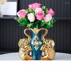 Vases Modern Double Elephant Swan Ceramic Vase Artificial Flower Home Livingroom Desk Statues Decoration Cafe Table Ornaments Crafts