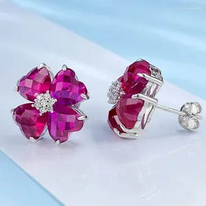 Stud Earrings S925 Sterling Silver 2024 Heart Shaped Flat Bottom Plaid Pink Diamond European And American