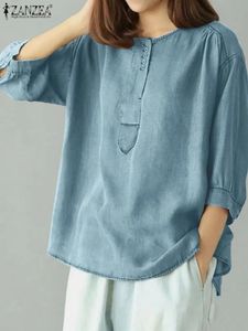 Zanzea Autumn O Neck 3/4 Sleeve Blus Women Fashion Shirt Casual Loose Work Tops Party Holiday Busas Oversize Chemise 240327
