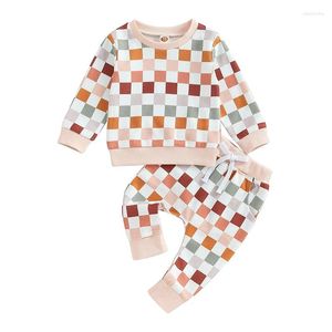 Kleidungssets geborene Baby Girl Frühling Fall Check Druck Langarm runden Hals -Outfit Pullover Sweatshirt Hosen Set Set