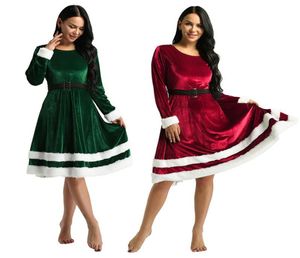 Vestidos casuais Mulheres Mulheres de veludo macio Manga longa Vestido de Natal Verde Verde Adulto Senhora Sra. Papai Noelas Cosplay Fancy Par3436584