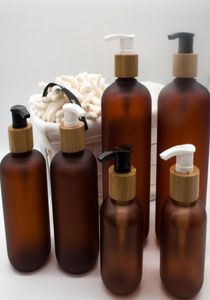 10 st 120 ml 250 ml 500 ml bärnstensfrostad husdjurflaska med svart vit bambuspumpsprut för lotion schampo kosmetik etc 2010146836433