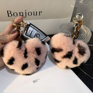 Fluffy Keychain Leopard Heart Key Chain for Girls Gift Car Key Ring Charm Fashion Fur Plush Bag Pendant Accessories