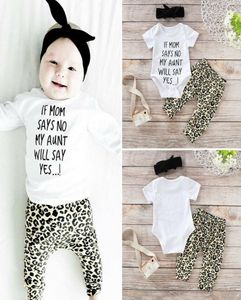 3pcs Set Set Neugeborenes Baby Jungen Mädchen Kurzarm Brief Druck Baumwollbodysuit Tops Leopard Panthosen Stirnband Outfit