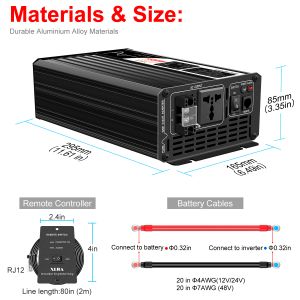 1500W inverterare 12V 220V Pure Sine Wave Solen Power Inverter DC 24V 48V till AC 110V med fjärrkontroll