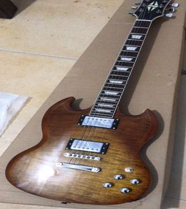 Custom Double Cutaway Brown Amber Flame Maple Top SG Electric Guitar Pearl Trapezoid Inlay Split Diamond Logo7008662