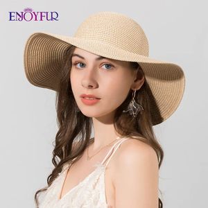 ENJOYFUR Women Sun Hats Wide Brim Foldable Straw Beach Hat Womens Summer With UV UPF 50 Protection240409