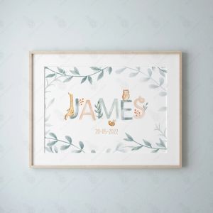 Nome do bebê personalizado Posters e estampas personalizadas Animais de aniversario Arte de parede de parede Pintura de tela para crianças Decoração de quarto