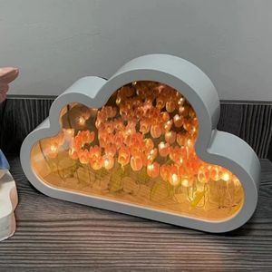 DIY Cloud Tulip LED Night Light Girl Bedroom Ornaments Creative Po Frame Mirror Table Lamps Bedside Handmade Birthday Gifts 240327