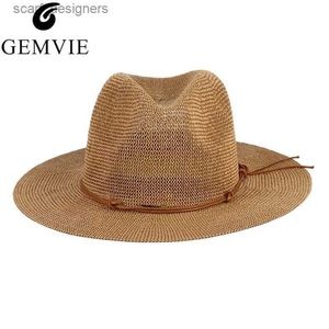 Chapéus de balde largura chapéus gemvie novo chapéu de verão chapéu de panamã Hollow out palha para homens fita fita de couro grande abrato sol chapéu de jazz fedora y240409