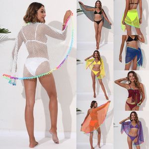 Frauen Badebekleidung Frauen Bikini Deck -Ups Schal Summer Casual Fishnet Cutout Badeanzug Sarong Beach Wrap Rock mit Quasten