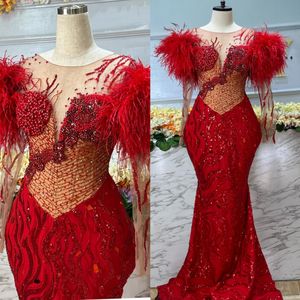 2024 Plus Size Aso Ebi Prom Dresses For Special Occasions Feathered Illusion Long Sleeves Beaded Lace Pearls Birthday Gowns Reception Anniversary Party Dress AM692