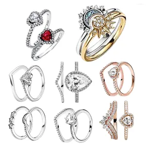 Cluster Rings 925 Silver Crown Sparkling Sun Moon Celestial Wishbone Women's Set Ring Wedding Diy Charm Luxury Jewelry Gift