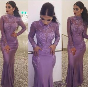 New High Neck Mermaid Lavender Evening Dresses Lace Appliques Prom Dress Beaded Sheath Long sleeves Floor Length Formal Party Gown7984457