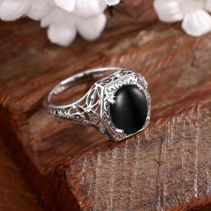 Szjinao vintage ovale 8*12mm anello onyx nero per donne argento 925 con anelli da cocktail di grandi dimensioni delicati regalo per gli amanti della moglie '
