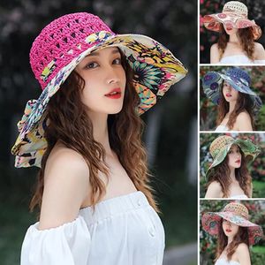 Chapéus de Balde de Proteção UV Fashion Dobring Summer Straw Hat Outdoor Wide Brim Beach Women240409