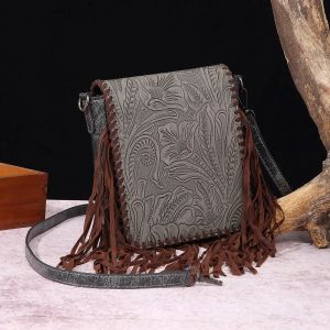 Small Vegan Leather Cowhide Women's Crossbody Handbag with Tassel Wrangler West Fringe Purse for Women Shoulder Bag Tooled Aztec