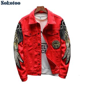 Sokotoo Men039S Trendy Wings broderi Jean Jacket Fleece eller Unline Slim Denim Coat Black Red V1910228390214
