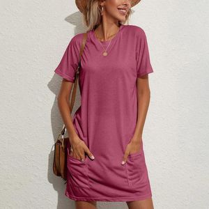 Casual Dresses Summer Spring for Women 2024 Plus Size Crew Neck Solid Short Sleeved Loose T Shirt Dress Pocket kjol Gratis leverans