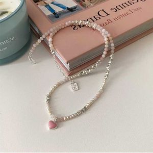 Pendant Necklaces Minar Korea Silver Acrylic Beads Pearl Necklace Womens Pink Enamel Love Pendant NecklaceQ