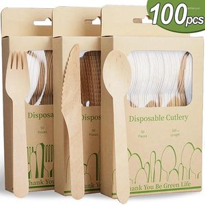 Disposable Dinnerware Wooden Spoon Fork Knife Cutlery Set For Wedding Birthday Party Tableware Decor Dessert Cake Scoops Kitchen Utensil