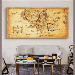 Retro The-Lord-of-Rings Map Canvas Painting,Modern Print Vintage Middle-earth Map Poster Movie Wall Art Pictures for Home Living Room Decor unframed