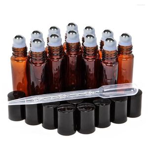 Garrafas de armazenamento 12pcs 10 ml âmbar vazio reabasteável vidro perfume em garrafa com bola de rolo de aço inoxidável para óleo essencial