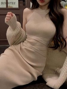 Günlük elbiseler örgü kolsuz elbise kadınlar ince elastik iç zarif bayanlar o yaka nazik Koreli Criss-Cross Sonbahar Kış Temel