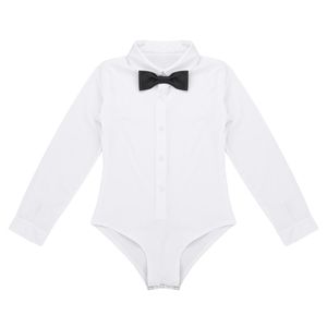 Kids Boys Latin Modern Dance Shirt with Bowtie Romper Gentleman Shirt Long Sleeves Leotard Bodysuit Jazz Dance Costumes Outfit