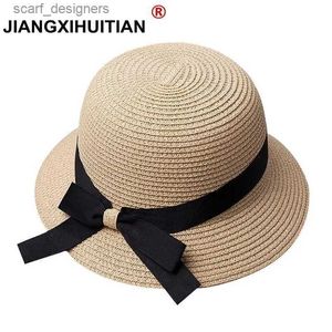 Wide Brim Hats Bucket Hats Womens Sun Hat Big Bow Wide Brim Floppy Summer Hats Women Beach Panama Straw Bucket Hat Sun Protection Visor Femme Cap Y240409