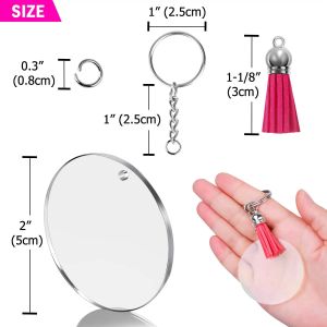 45/60st DIY Akryl Keychain Mixed Color Tassel Pendant Round Acrylic Key Chain Metal Keychain Ring Set grossisttillbehör