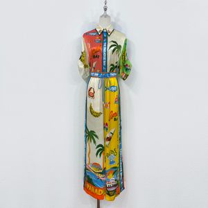 مجموعة مصممة من قطعتين من مجموعة طباعة شجرة جوز الهند الساتان الحريرية القديمة ، قميص قصير الأكمام ، سروال عريض الساق