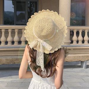 Summer Hat Womens Sun Foldable Hollow Lace Trim Straw Girls Outdoor Travel Wide Brim Casual Bucket Hats Beach 240403