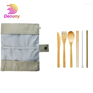 Drinking Straws DEOUNY Zero Waste Bamboo Utensils Wooden Travel Cutlery Set Reusable With Camping Fork Spoon Knife Flatware Straw Tools