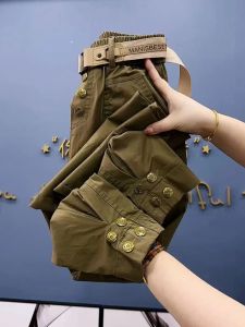 Metallknappar högkvalitativa fasta färgbyxor Kvinnor 2023 Autumn Spring Korean Loose Casual Pants Byxor
