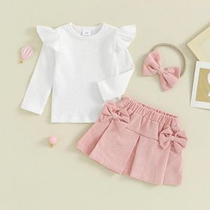 Clothing Sets BeQeuewll Baby Girls Skirt Outfits Born Flying Sleeve Ribbed Tops And Corduroy Mini Headband Set Infant Clothes