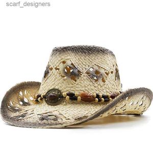 Chapéus de balde largura Chapéus de balde Moda Holga ocidental de capa de cowboy handmade de palha natural para homens homens ao ar livre chapéus solar de praia sombrero hombre y240409