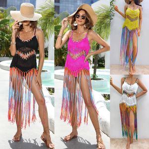 Menas de banho feminina Tassel Mulheres Crochet Biquíni Coverp ups roupas de banho de malha de malha gradiente mangas trajes de praia de biquíni maiô