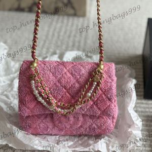 24p Pearl Classic Mini Klappe Tweed quadratische Stapfenbeutel rosa schwarzer Geldbörse mit Perlenkette Hand Totes Gold Crossbody Schulterhandtaschen Make -up Eitelkeitsbalken 17cm