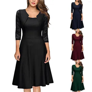 Casual Dresses Autumn Winter Women Lace Patchwork Formal Dress Red Square Collar 3/4 Sleeve Party A Line Vestidos Elegant Lady Evening