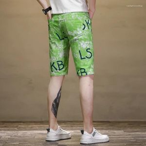 メンズジーンズの夏の薄いストレッチパーソナリティ印刷中のミドルパンツスリムフィットファッションストレートカジュアルクロップドビーチ
