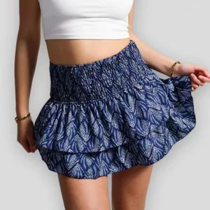 Saias Floral plissado de saia curta para mulheres 2024 Verão Vintage Vintage Cantura Alta Ruffle Mini feminino feminino Vestido Bohemian