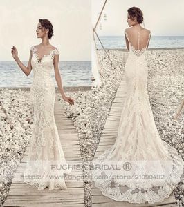 Cap Sleeved Champagne Lace Wedding Dress with Illusion Back Fit to Flare Slim Bridal Dress Gown Custom Made5782742